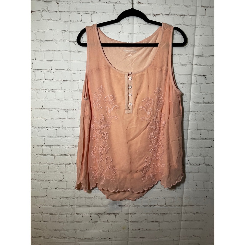 Soft Surroundings‎ Peach Floral Embroidered Henley Tank Top Scalloped Hem Large